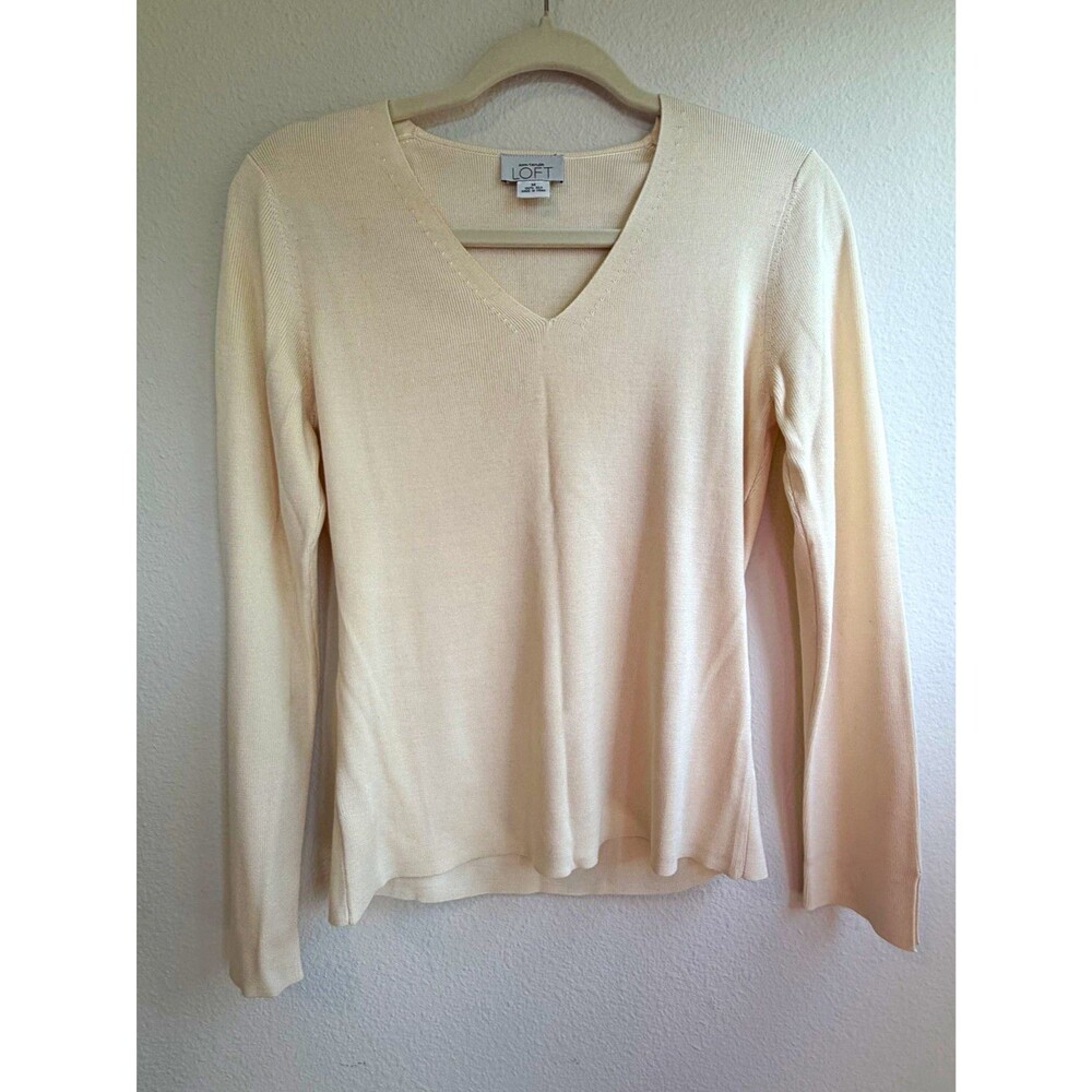 Ann Taylor LOFT Ivory Silk Ribbed Knit V-Neck Long Sleeve Pullover Sweater M